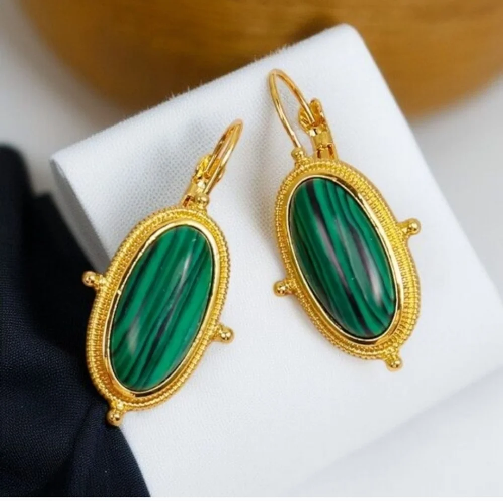 18k Gold Plated Malachite Cabochon Dangle Earrings